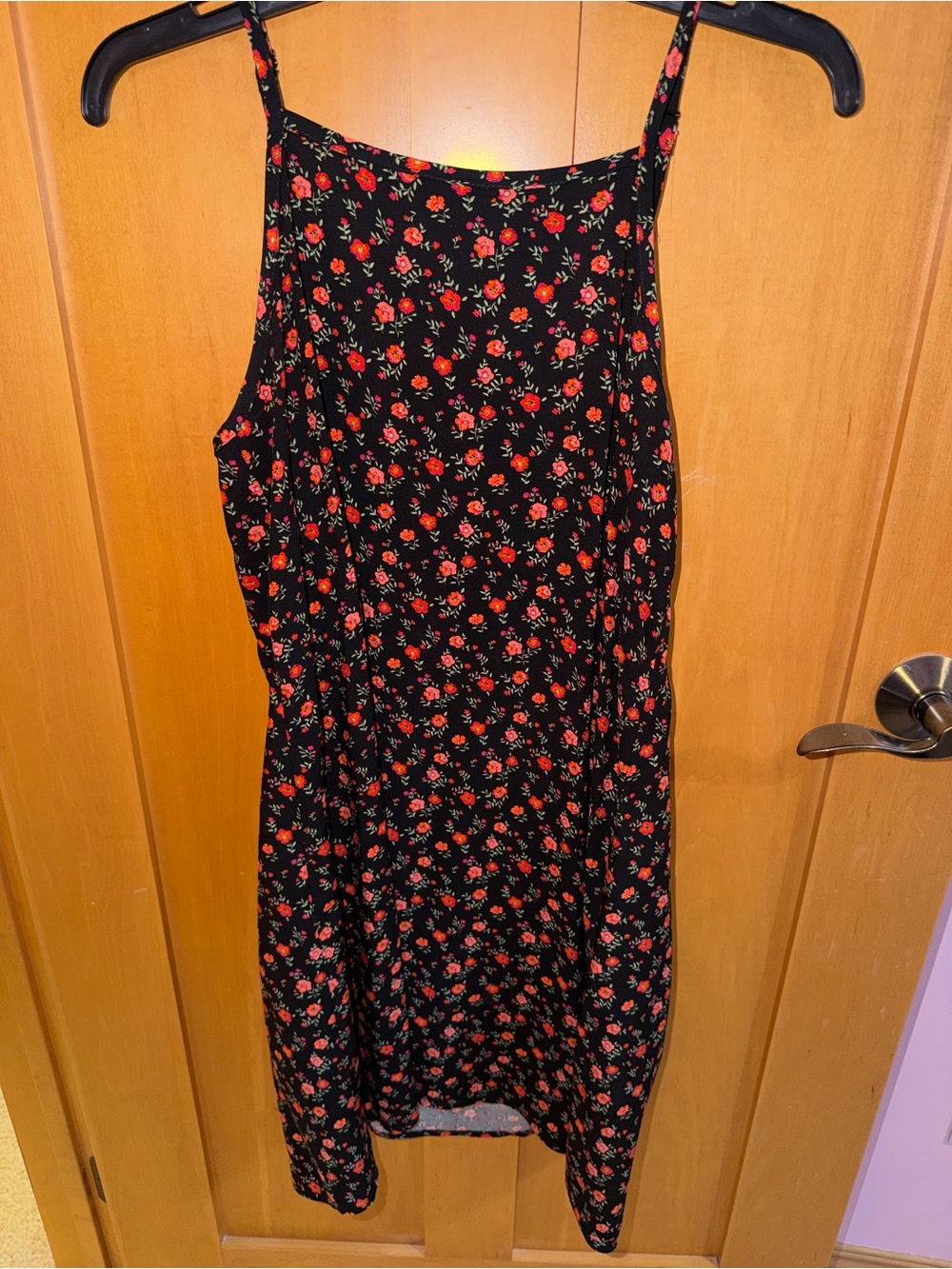 a new day Black Floral Spaghetti Strap Dress with Pink and Orange Flowers